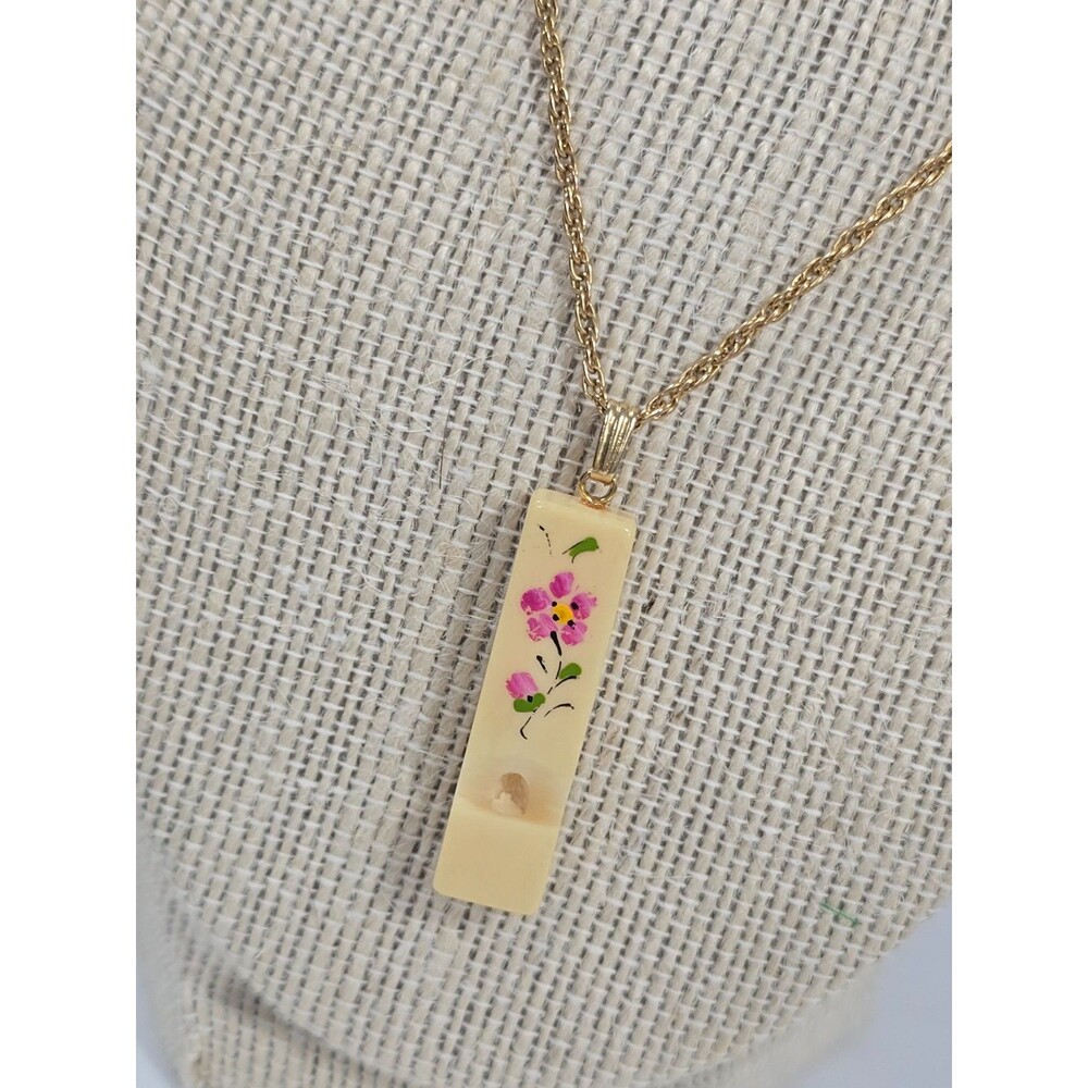 Vintage Handcrafted Bone Floral Whistle Necklace & Pendant gold chain